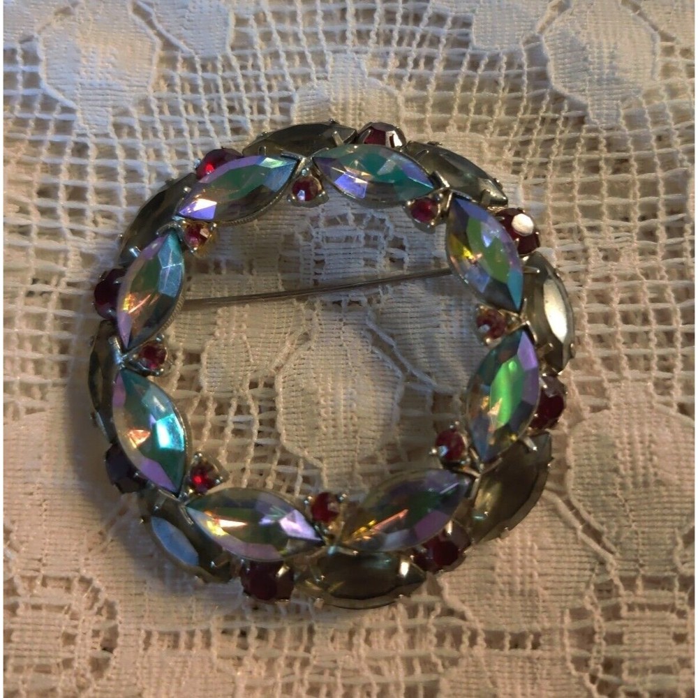 Vintage AB Rhinestone Layered Circle Brooch Marquise W/ Round Rhinestones 2.25"